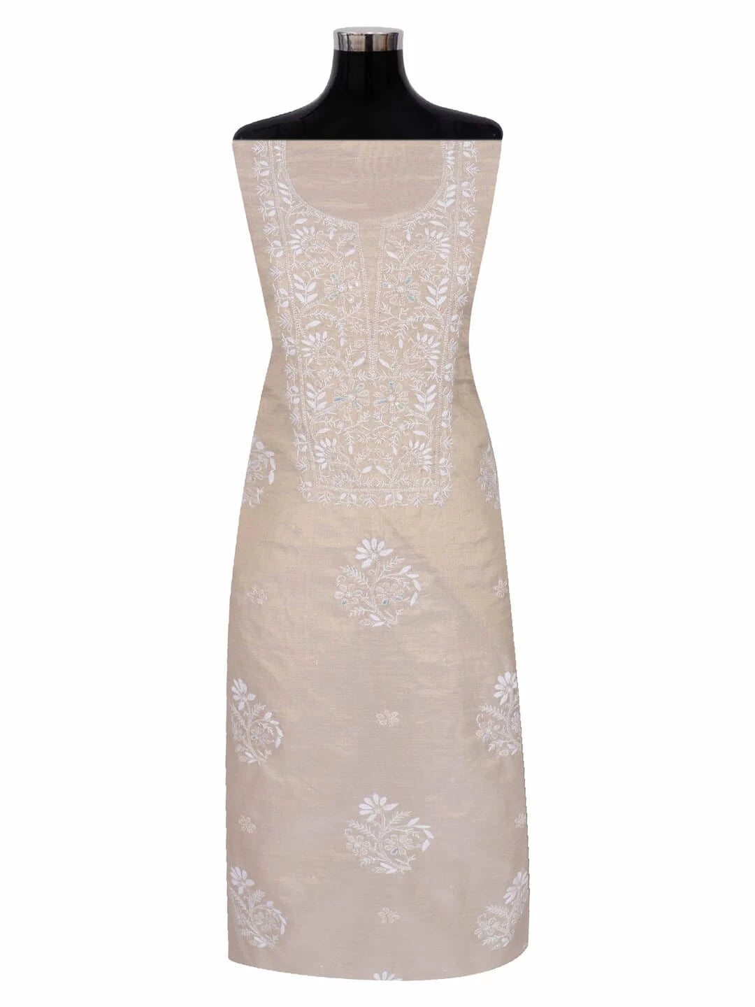 Ada Hand Embroidered Natural Fawn Tissue Lucknowi Chikankari Unstitched Kurta Dupatta Set With Pearl and Cutdana Work 01A216002