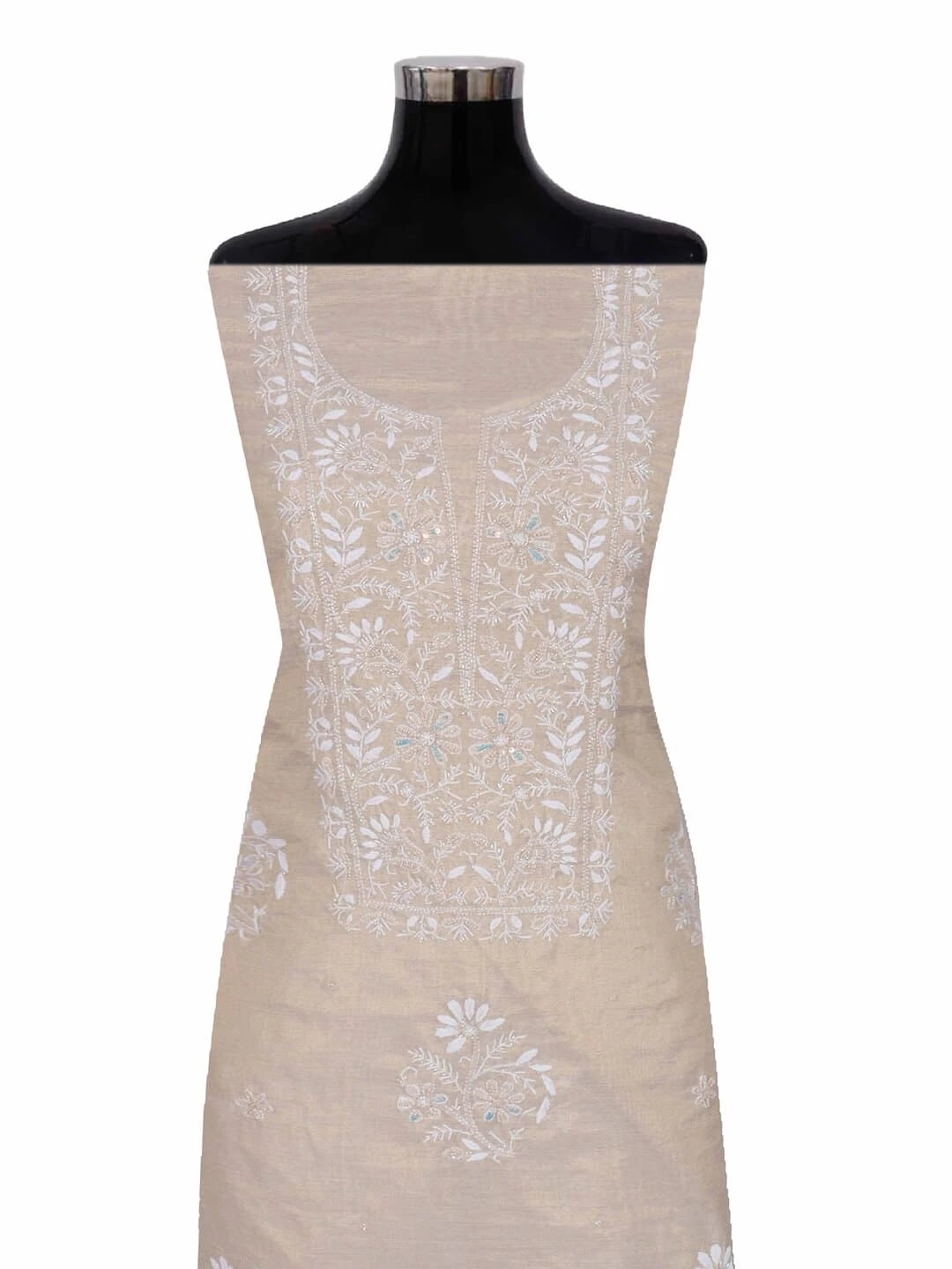 Ada Hand Embroidered Natural Fawn Tissue Lucknowi Chikankari Unstitched Kurta Dupatta Set With Pearl and Cutdana Work 01A216002