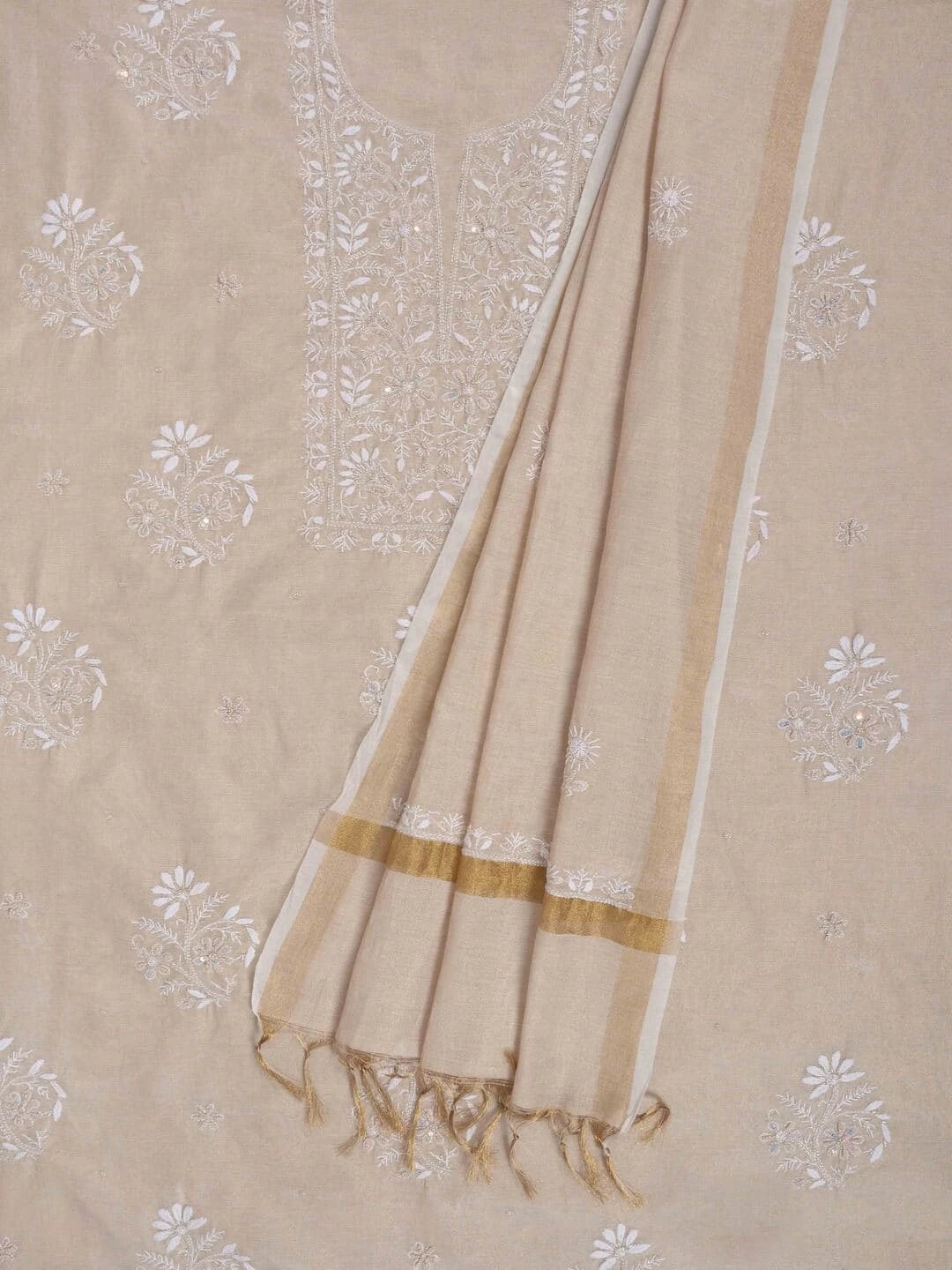 Ada Hand Embroidered Natural Fawn Tissue Lucknowi Chikankari Unstitched Kurta Dupatta Set With Pearl and Cutdana Work 01A216002