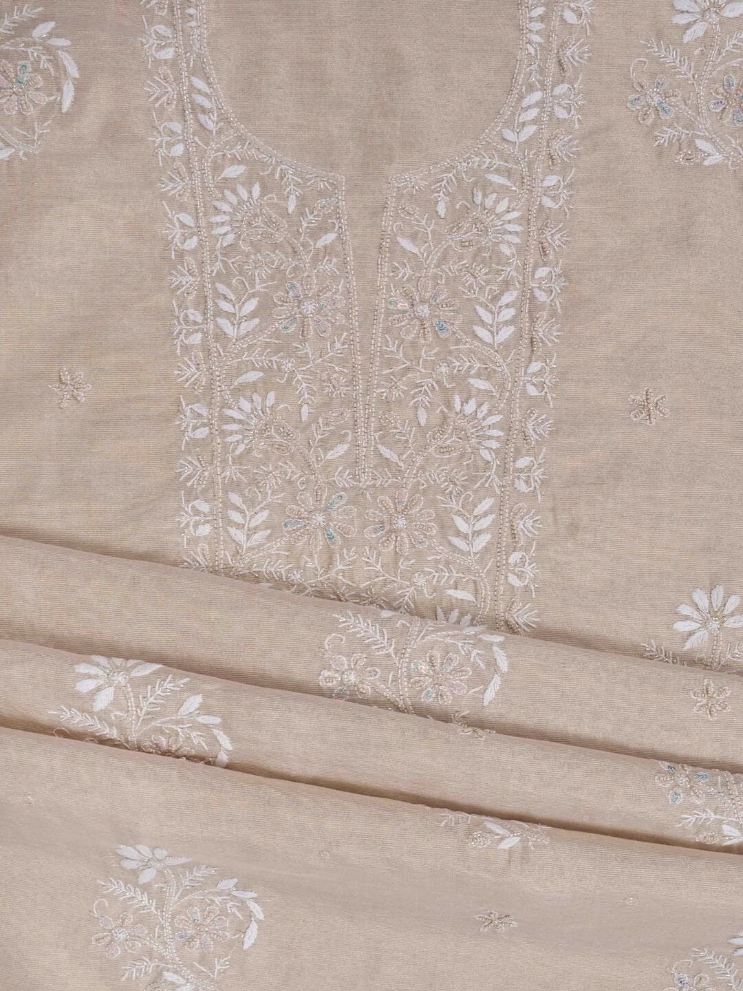 Ada Hand Embroidered Natural Fawn Tissue Lucknowi Chikankari Unstitched Kurta Dupatta Set With Pearl and Cutdana Work 01A216002