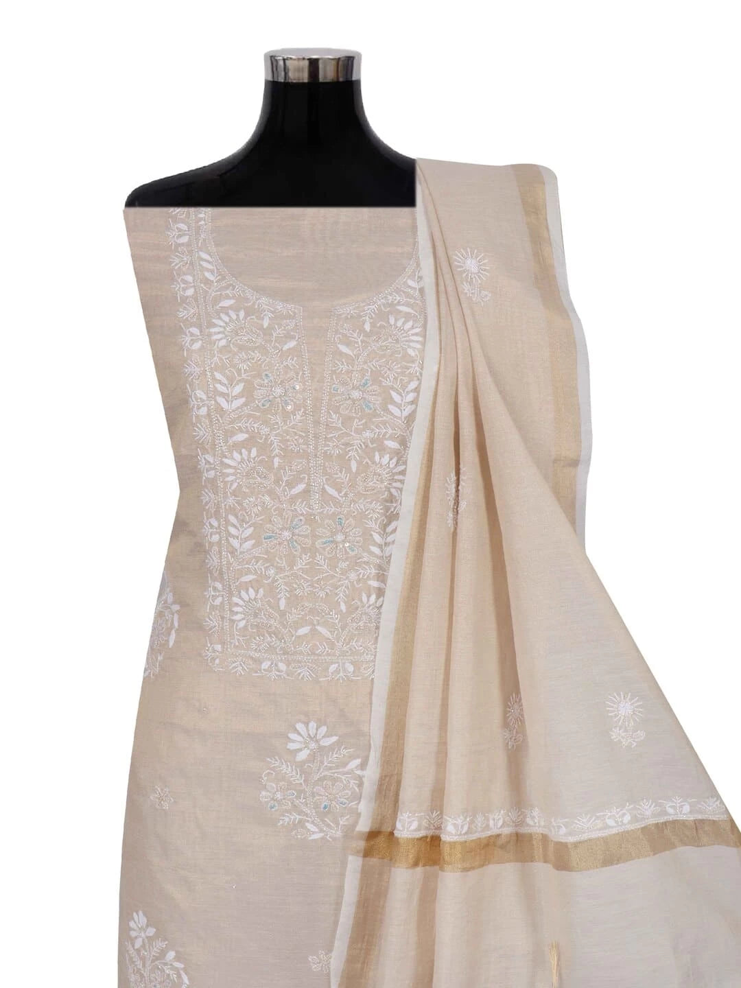 Ada Hand Embroidered Natural Fawn Tissue Lucknowi Chikankari Unstitched Kurta Dupatta Set With Pearl and Cutdana Work 01A216002