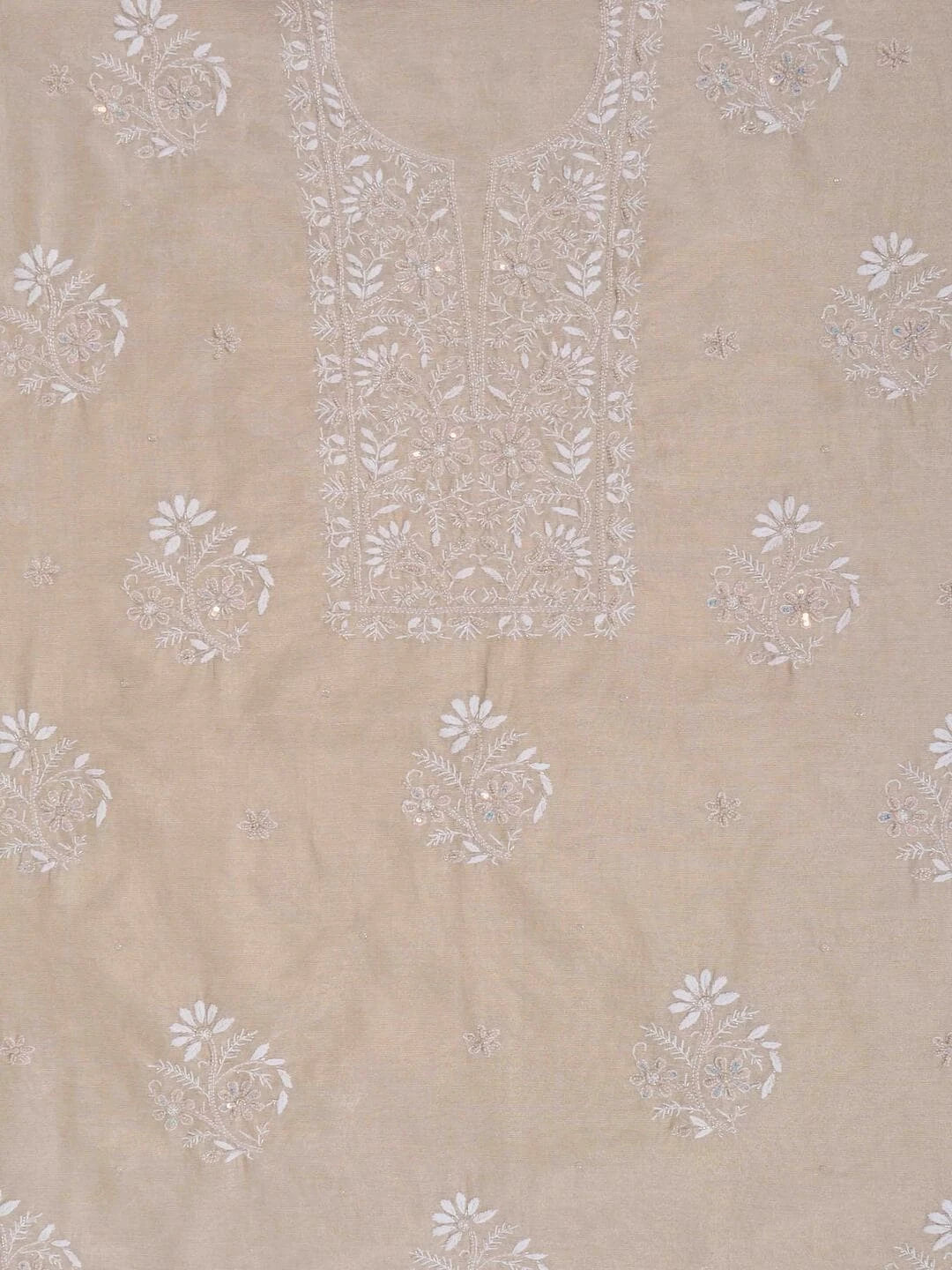 Ada Hand Embroidered Natural Fawn Tissue Lucknowi Chikankari Unstitched Kurta Dupatta Set With Pearl and Cutdana Work 01A216002