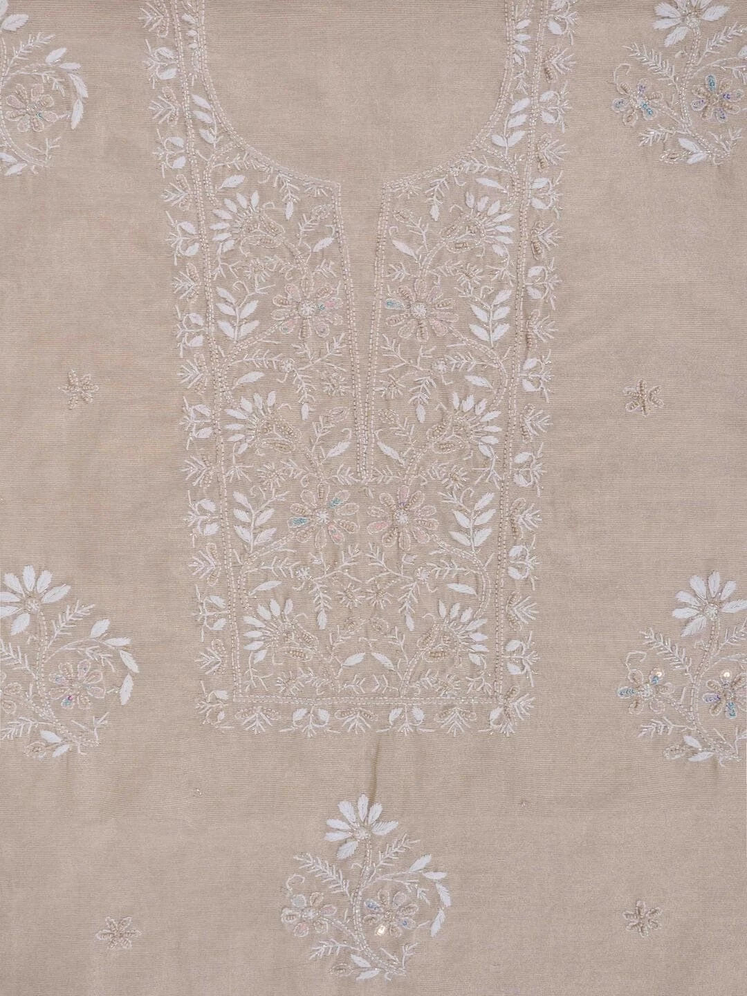 Ada Hand Embroidered Natural Fawn Tissue Lucknowi Chikankari Unstitched Kurta Dupatta Set With Pearl and Cutdana Work 01A216002