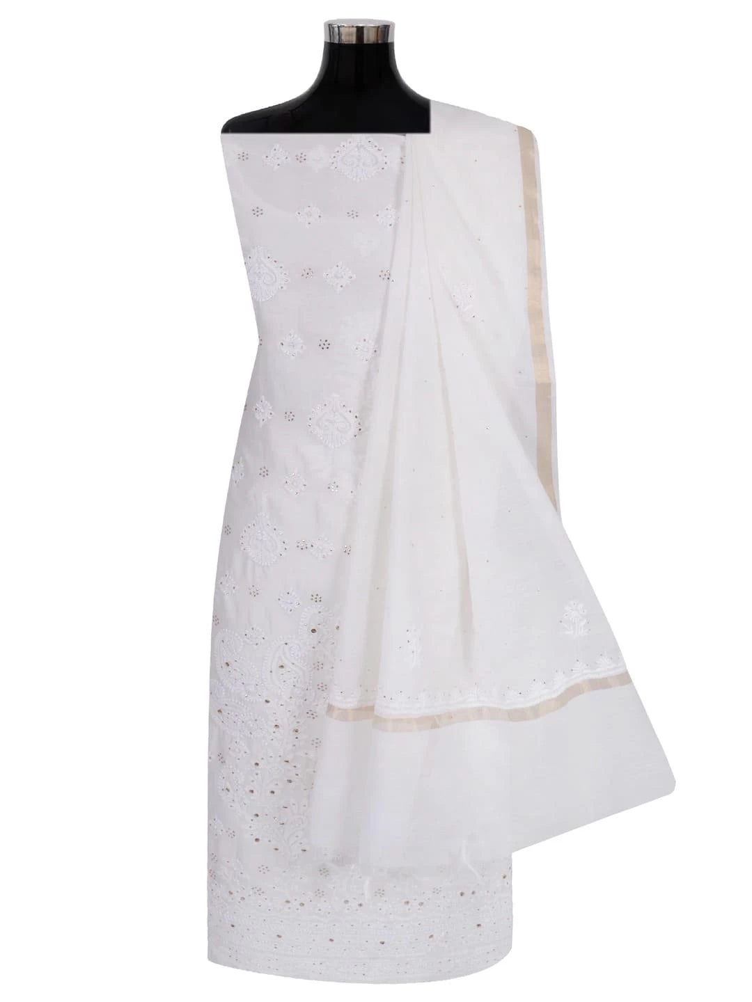 Ada Hand Embroidered White Chanderi Lucknowi Chikankari Unstitched Kurta Dupatta Set With Muqaish Work 01A118708