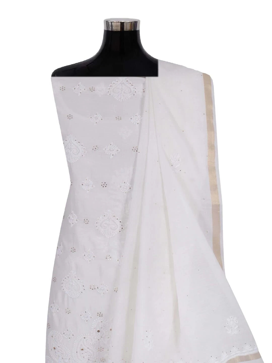 Ada Hand Embroidered White Chanderi Lucknowi Chikankari Unstitched Kurta Dupatta Set With Muqaish Work 01A118708