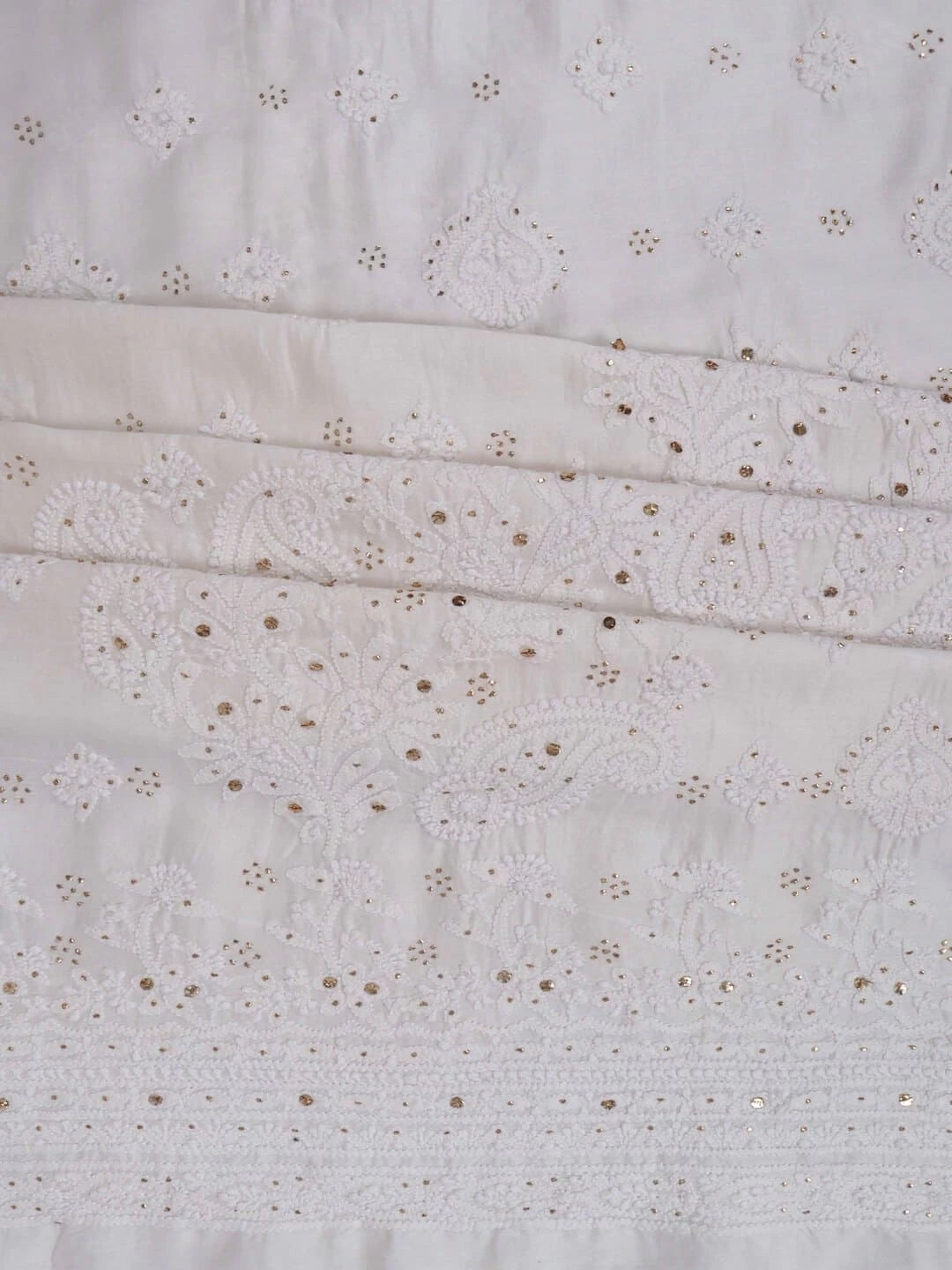 Ada Hand Embroidered White Chanderi Lucknowi Chikankari Unstitched Kurta Dupatta Set With Muqaish Work 01A118708