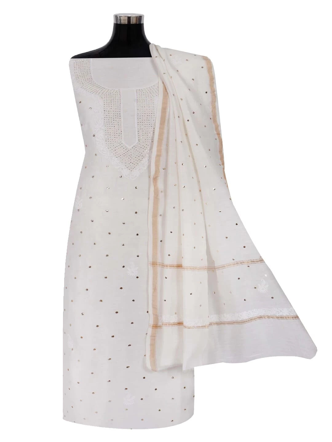 Ada Hand Embroidered Off White Chanderi Lucknowi Chikankari Unstitched Kurta Dupatta Set With Muqaish Work 01A221010
