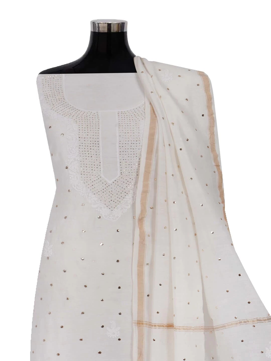 Ada Hand Embroidered Off White Chanderi Lucknowi Chikankari Unstitched Kurta Dupatta Set With Muqaish Work 01A221010