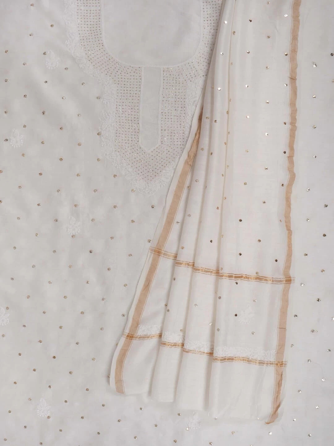 Ada Hand Embroidered Off White Chanderi Lucknowi Chikankari Unstitched Kurta Dupatta Set With Muqaish Work 01A221010