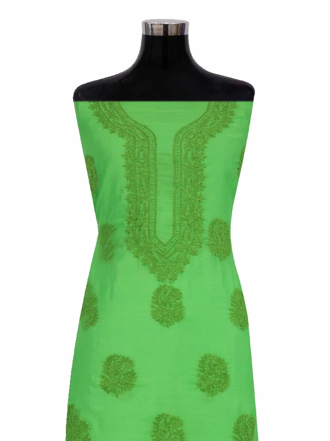 Ada Hand Embroidered Kelly Green Chanderi Lucknowi Chikankari unstitched Kurta Dupatta Set 01A237314