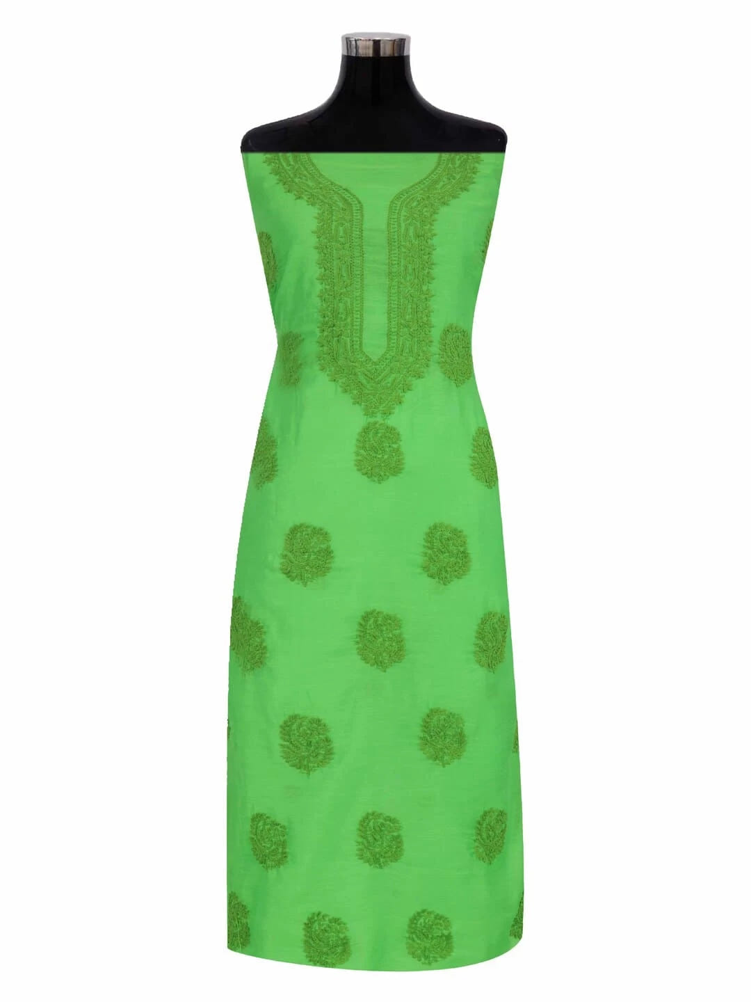 Ada Hand Embroidered Kelly Green Chanderi Lucknowi Chikankari unstitched Kurta Dupatta Set 01A237314