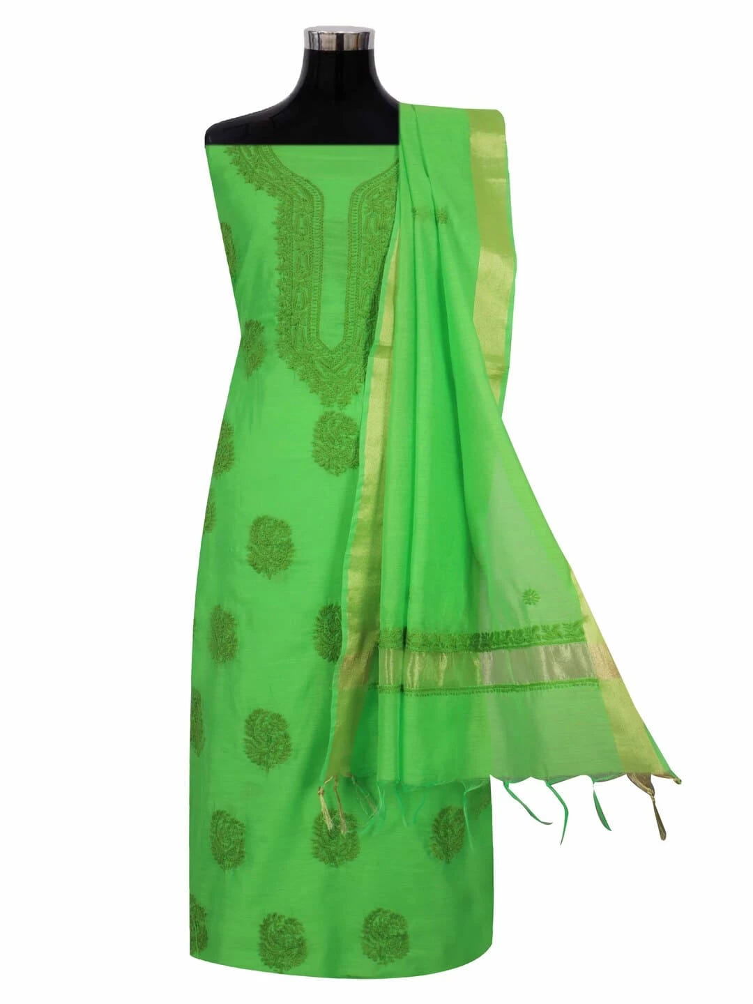 Ada Hand Embroidered Kelly Green Chanderi Lucknowi Chikankari unstitched Kurta Dupatta Set 01A237314