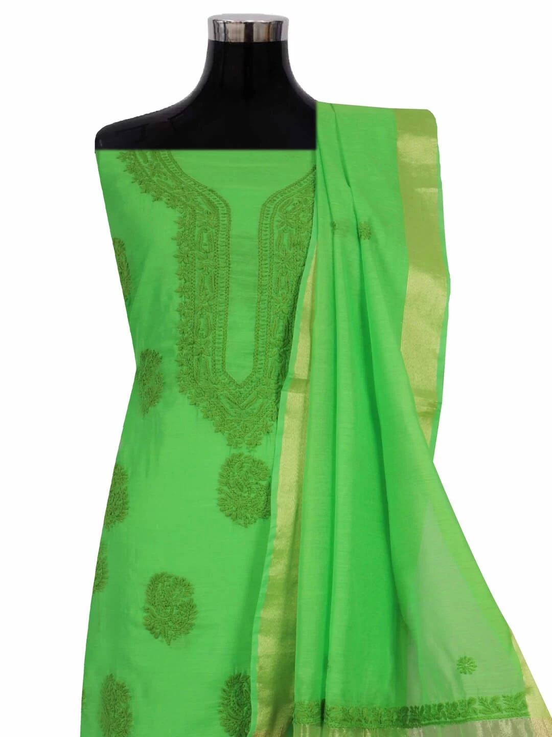 Ada Hand Embroidered Kelly Green Chanderi Lucknowi Chikankari unstitched Kurta Dupatta Set 01A237314