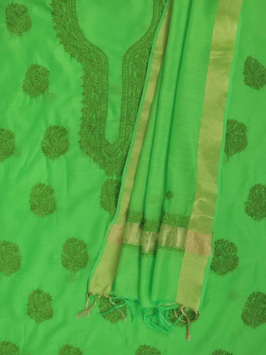 Ada Hand Embroidered Kelly Green Chanderi Lucknowi Chikankari unstitched Kurta Dupatta Set 01A237314