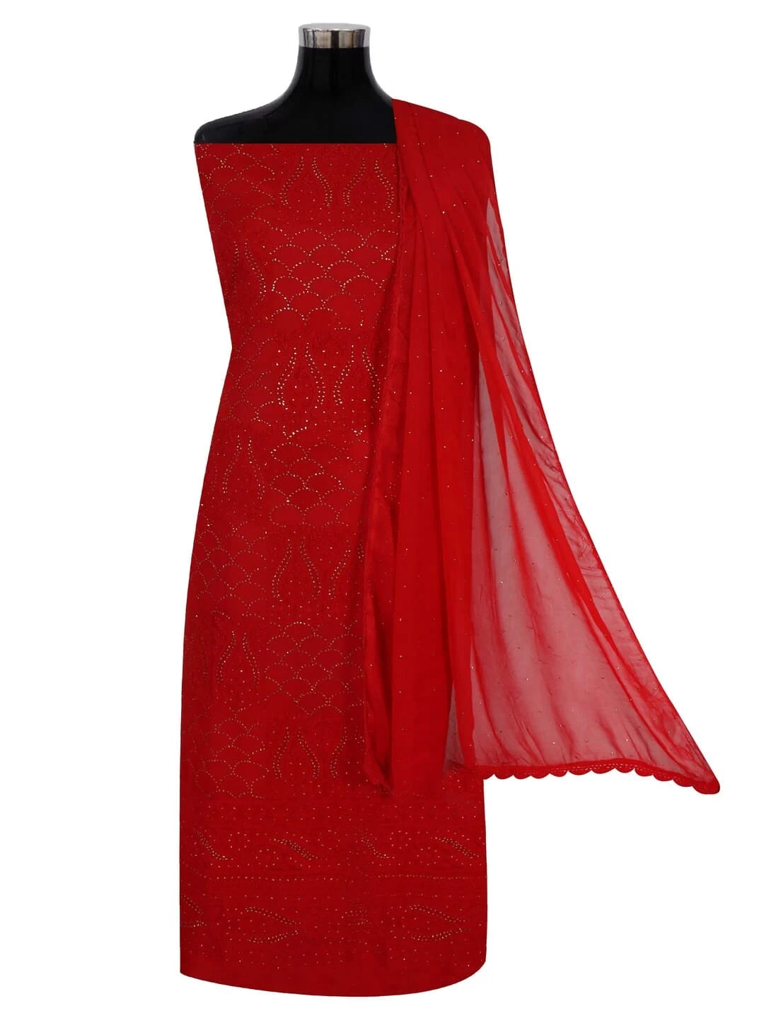 Ada Hand Embroidered Red Georgette Lucknowi Chikankari Unstitched Kurta Dupatta Set With Muqaish Work 01A248207