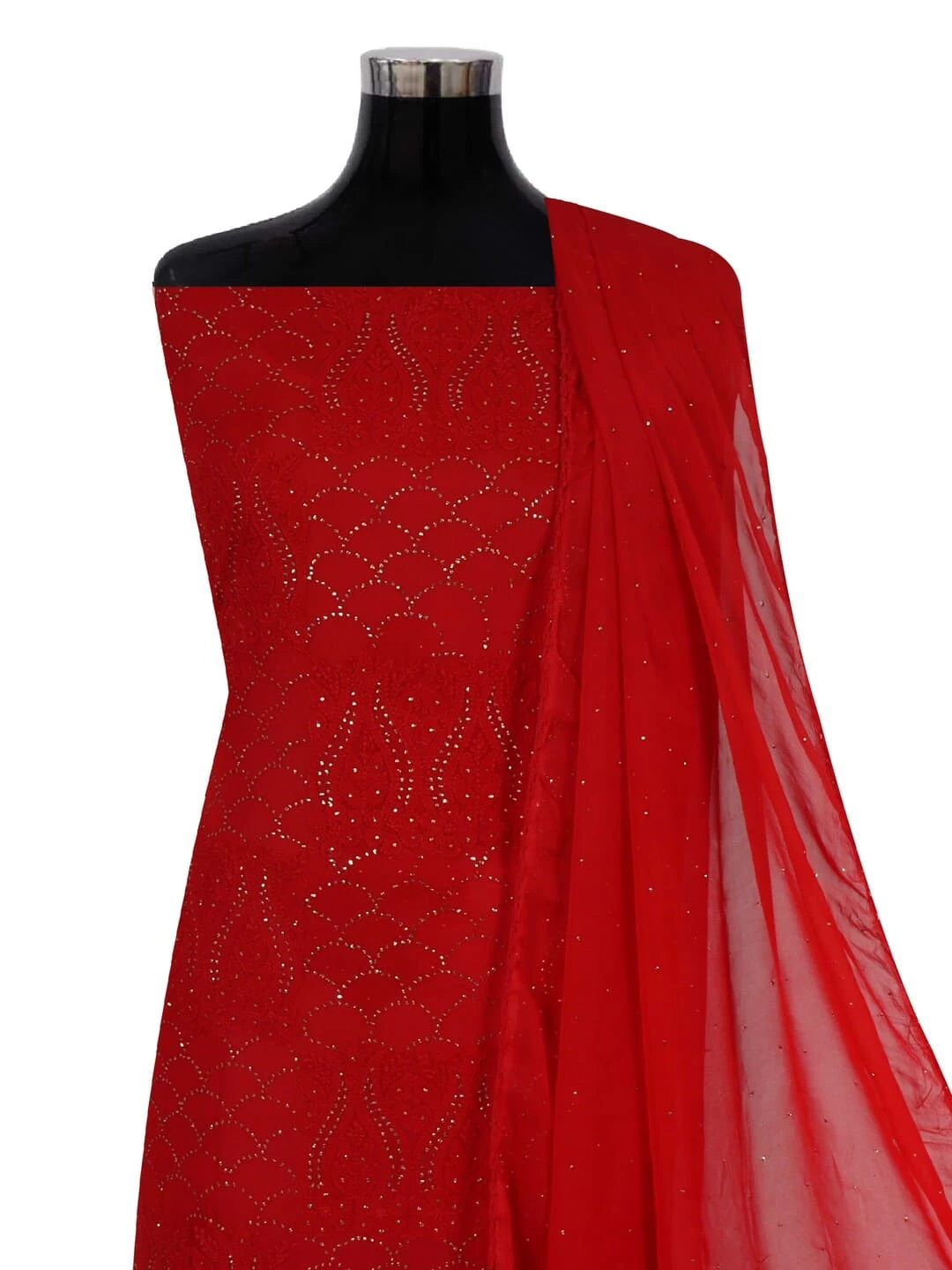 Ada Hand Embroidered Red Georgette Lucknowi Chikankari Unstitched Kurta Dupatta Set With Muqaish Work 01A248207