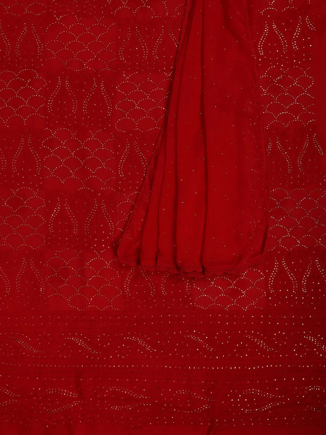 Ada Hand Embroidered Red Georgette Lucknowi Chikankari Unstitched Kurta Dupatta Set With Muqaish Work 01A248207