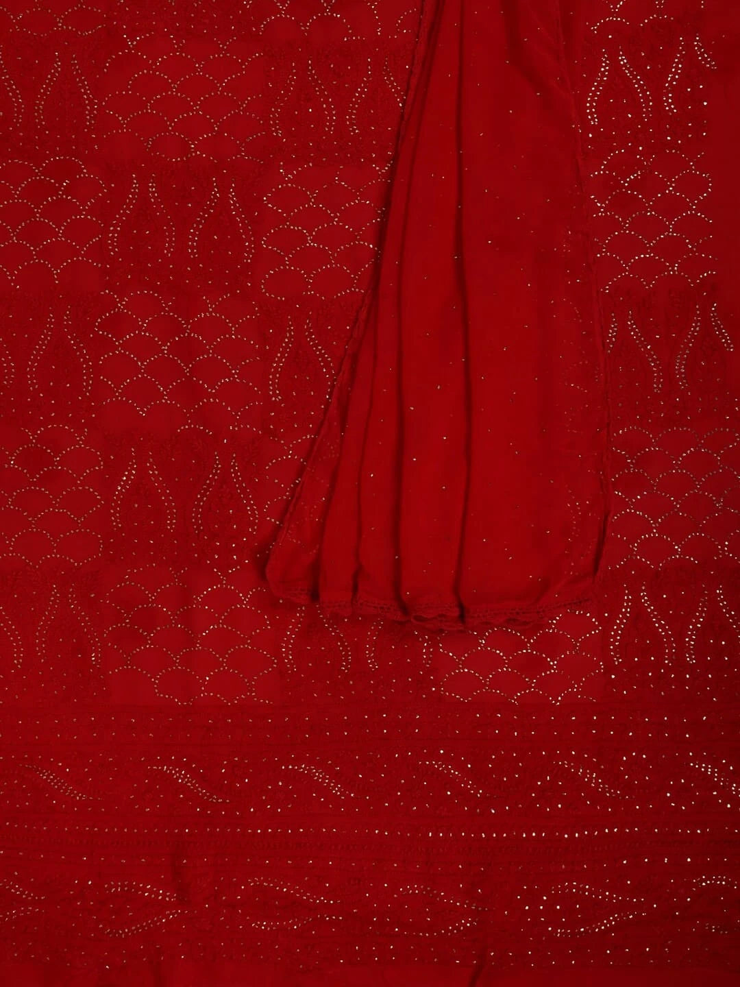 Ada Hand Embroidered Red Georgette Lucknowi Chikankari Unstitched Kurta Dupatta Set With Muqaish Work 01A248207