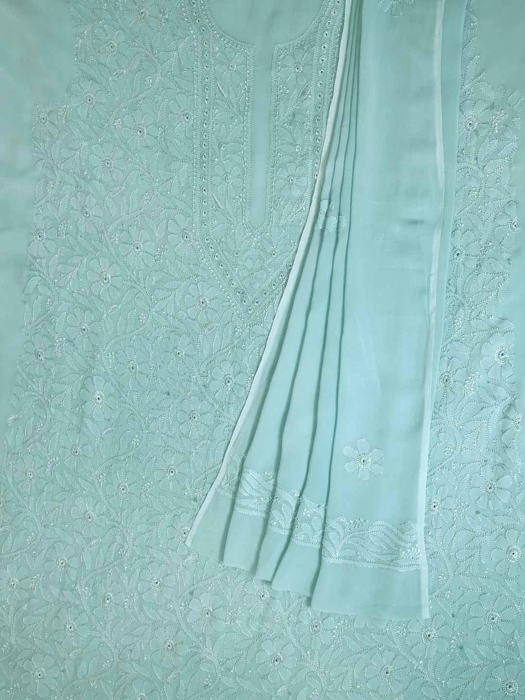 Ada Hand Embroidered Vridian Green Viscose Georgette Lucknowi Chikankari Unstitched Kurta Dupatta Set 01A354552
