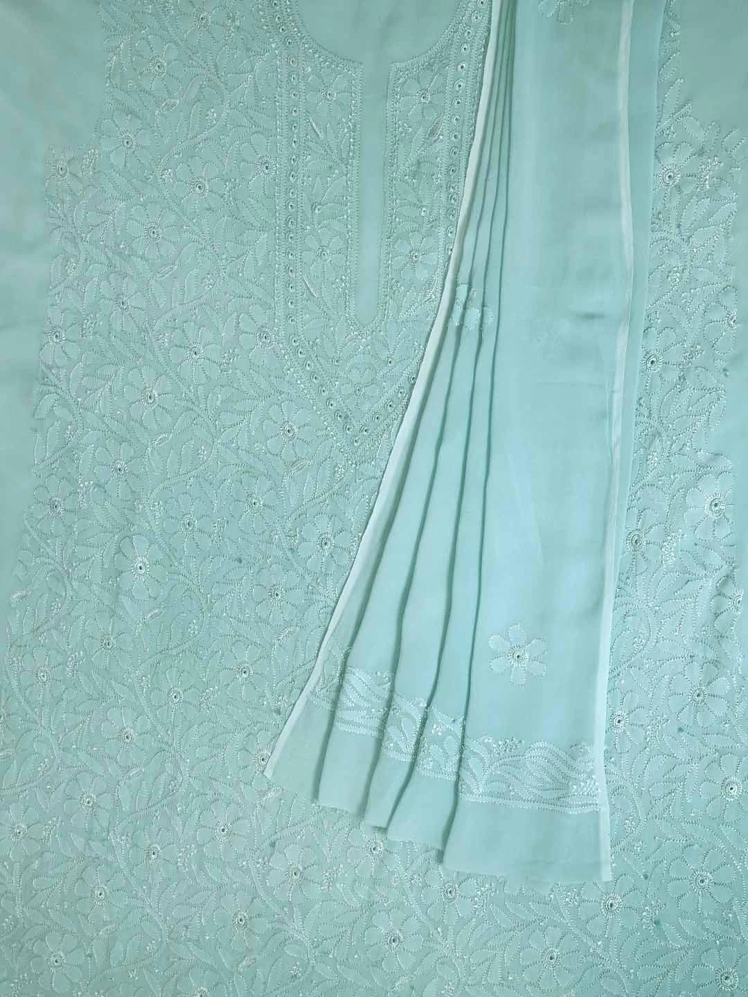 Ada Hand Embroidered Vridian Green Viscose Georgette Lucknowi Chikankari Unstitched Kurta Dupatta Set 01A354552