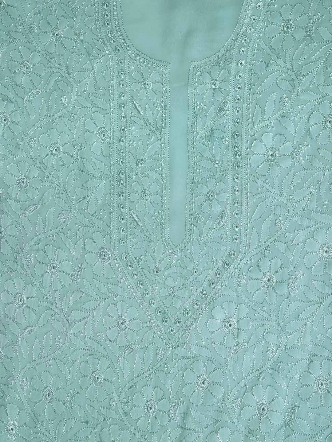 Ada Hand Embroidered Vridian Green Viscose Georgette Lucknowi Chikankari Unstitched Kurta Dupatta Set 01A354552