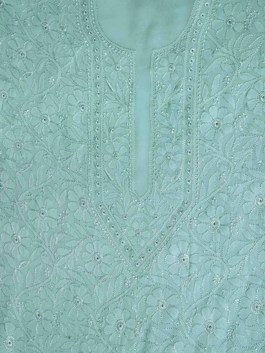 Ada Hand Embroidered Vridian Green Viscose Georgette Lucknowi Chikankari Unstitched Kurta Dupatta Set 01A354552