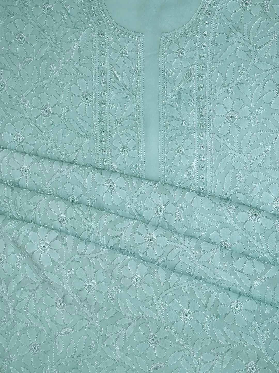 Ada Hand Embroidered Vridian Green Viscose Georgette Lucknowi Chikankari Unstitched Kurta Dupatta Set 01A354552