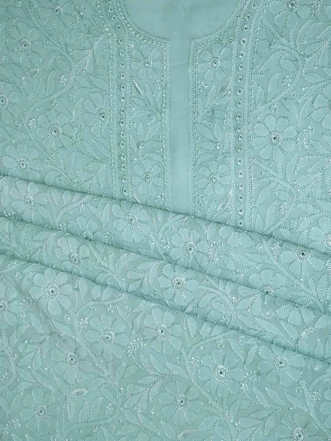 Ada Hand Embroidered Vridian Green Viscose Georgette Lucknowi Chikankari Unstitched Kurta Dupatta Set 01A354552