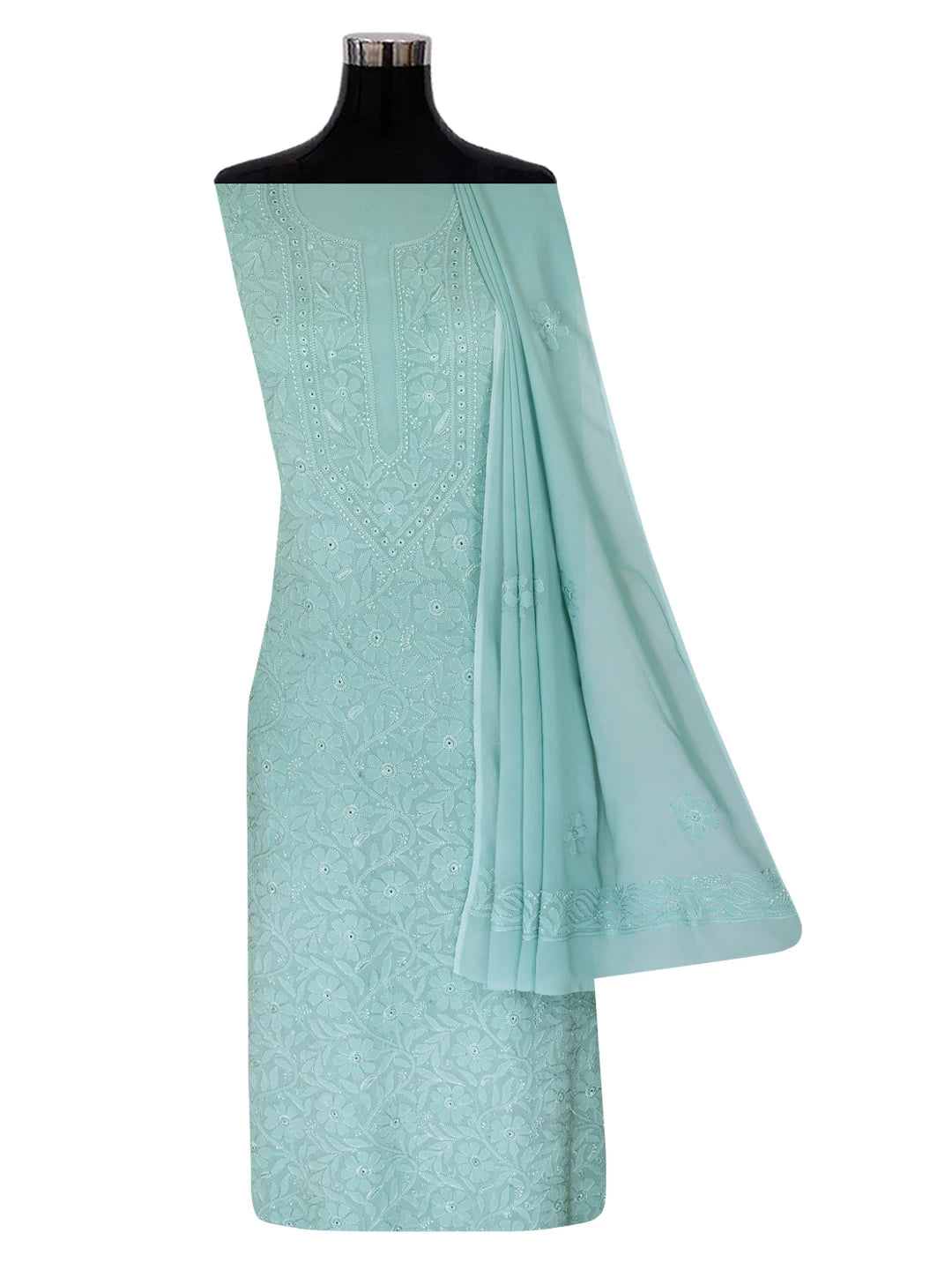Ada Hand Embroidered Vridian Green Viscose Georgette Lucknowi Chikankari Unstitched Kurta Dupatta Set 01A354552
