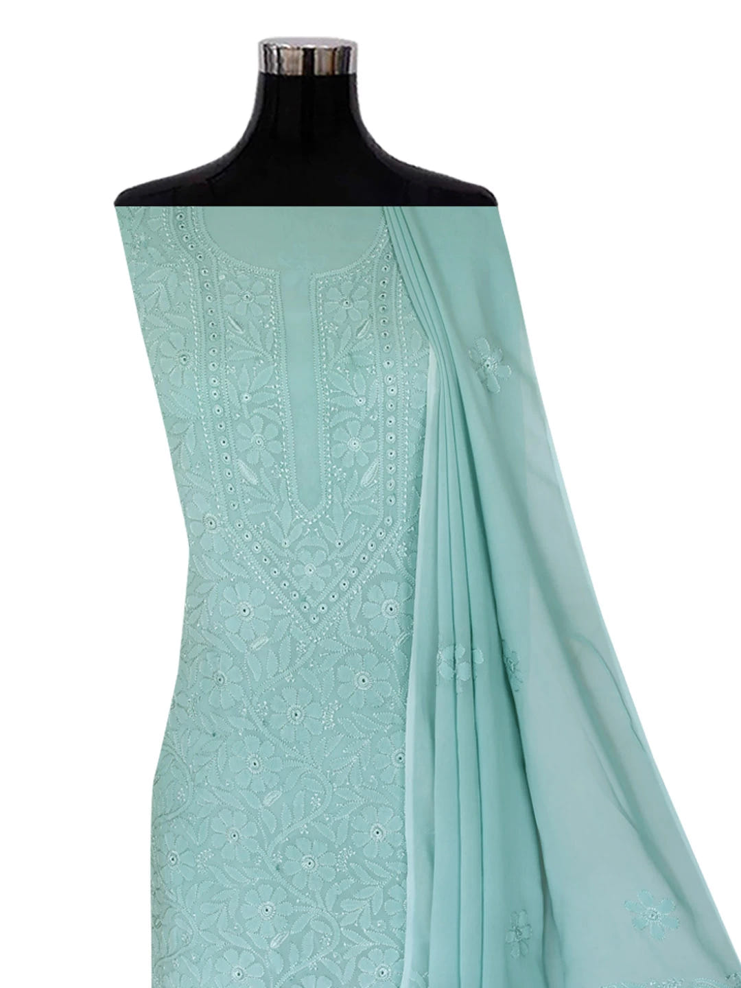 Ada Hand Embroidered Vridian Green Viscose Georgette Lucknowi Chikankari Unstitched Kurta Dupatta Set 01A354552