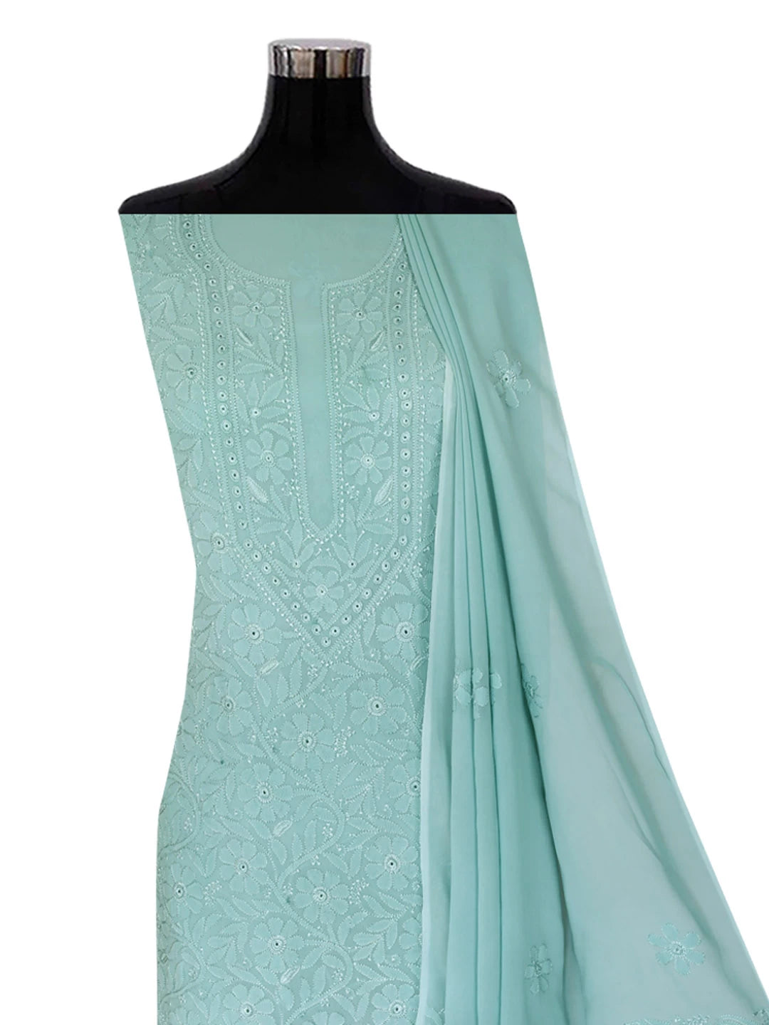 Ada Hand Embroidered Vridian Green Viscose Georgette Lucknowi Chikankari Unstitched Kurta Dupatta Set 01A354552