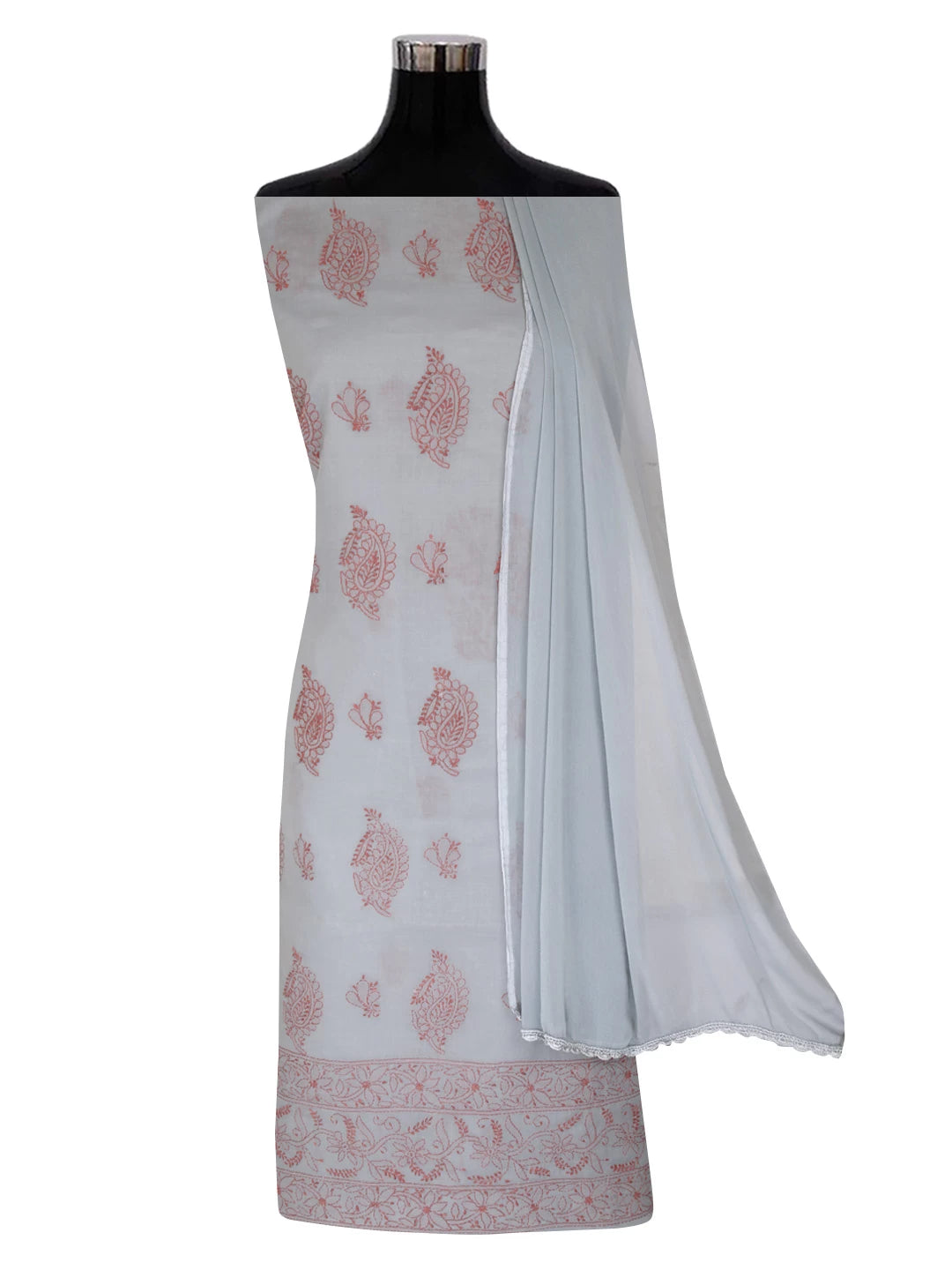 Ada Hand Embroidered Grey Cotton Lucknowi Chikankari Unstitched Suit Piece 01A360739