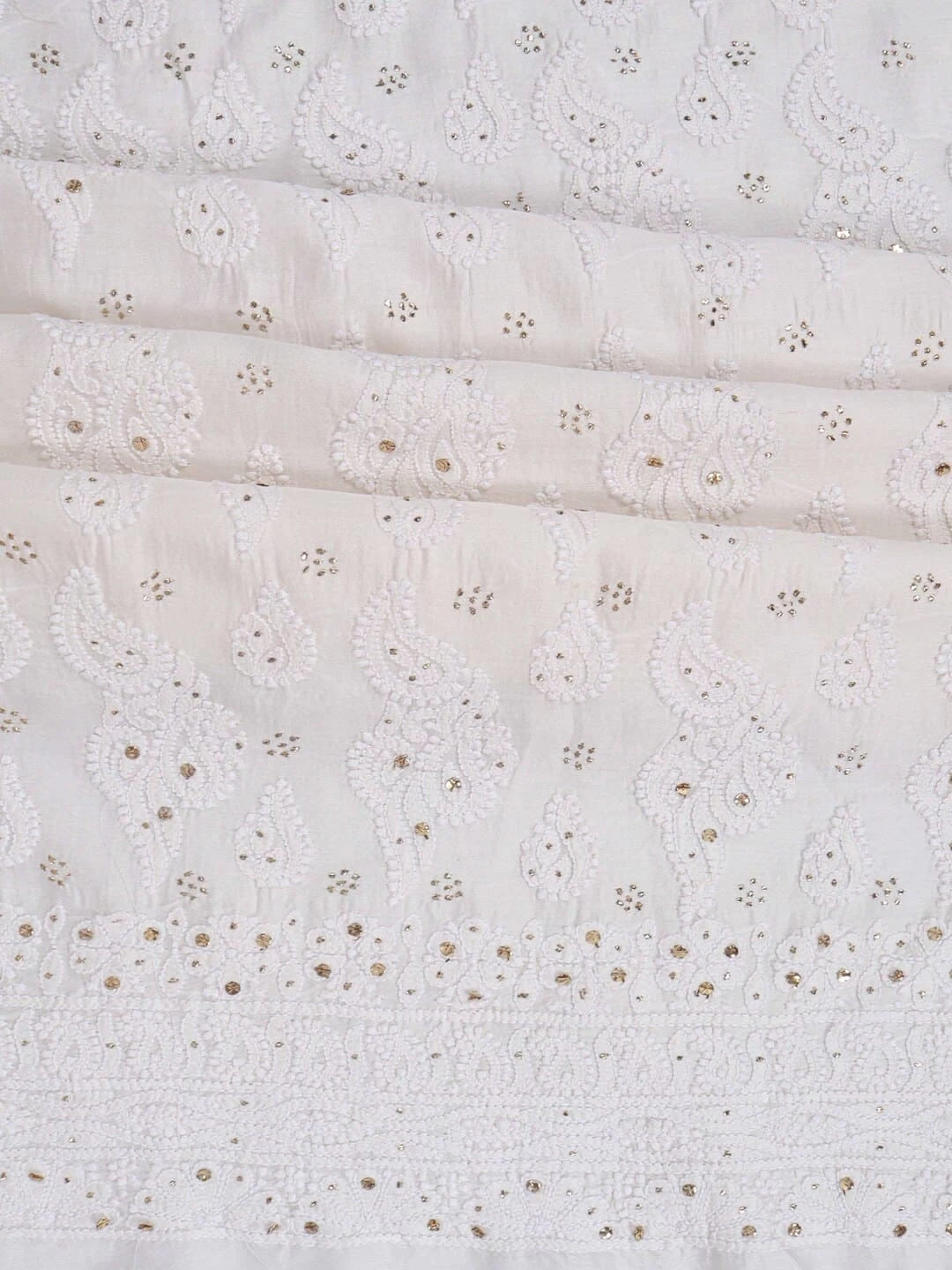 Ada Hand Embroidered White Chanderi Lucknowi Chikankari Unstitched Kurta Dupatta Set With Muqaish Work 01A118710