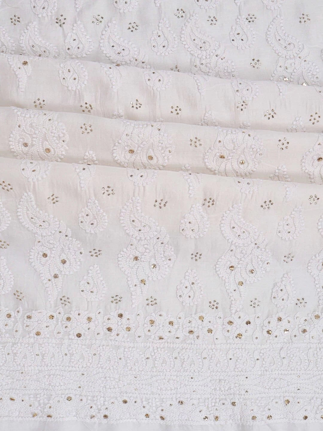 Ada Hand Embroidered White Chanderi Lucknowi Chikankari Unstitched Kurta Dupatta Set With Muqaish Work 01A118710