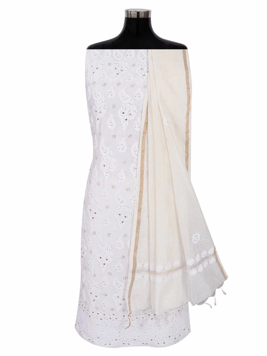 Ada Hand Embroidered White Chanderi Lucknowi Chikankari Unstitched Kurta Dupatta Set With Muqaish Work 01A118710