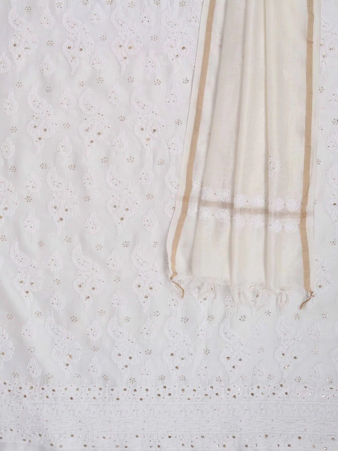 Ada Hand Embroidered White Chanderi Lucknowi Chikankari Unstitched Kurta Dupatta Set With Muqaish Work 01A118710