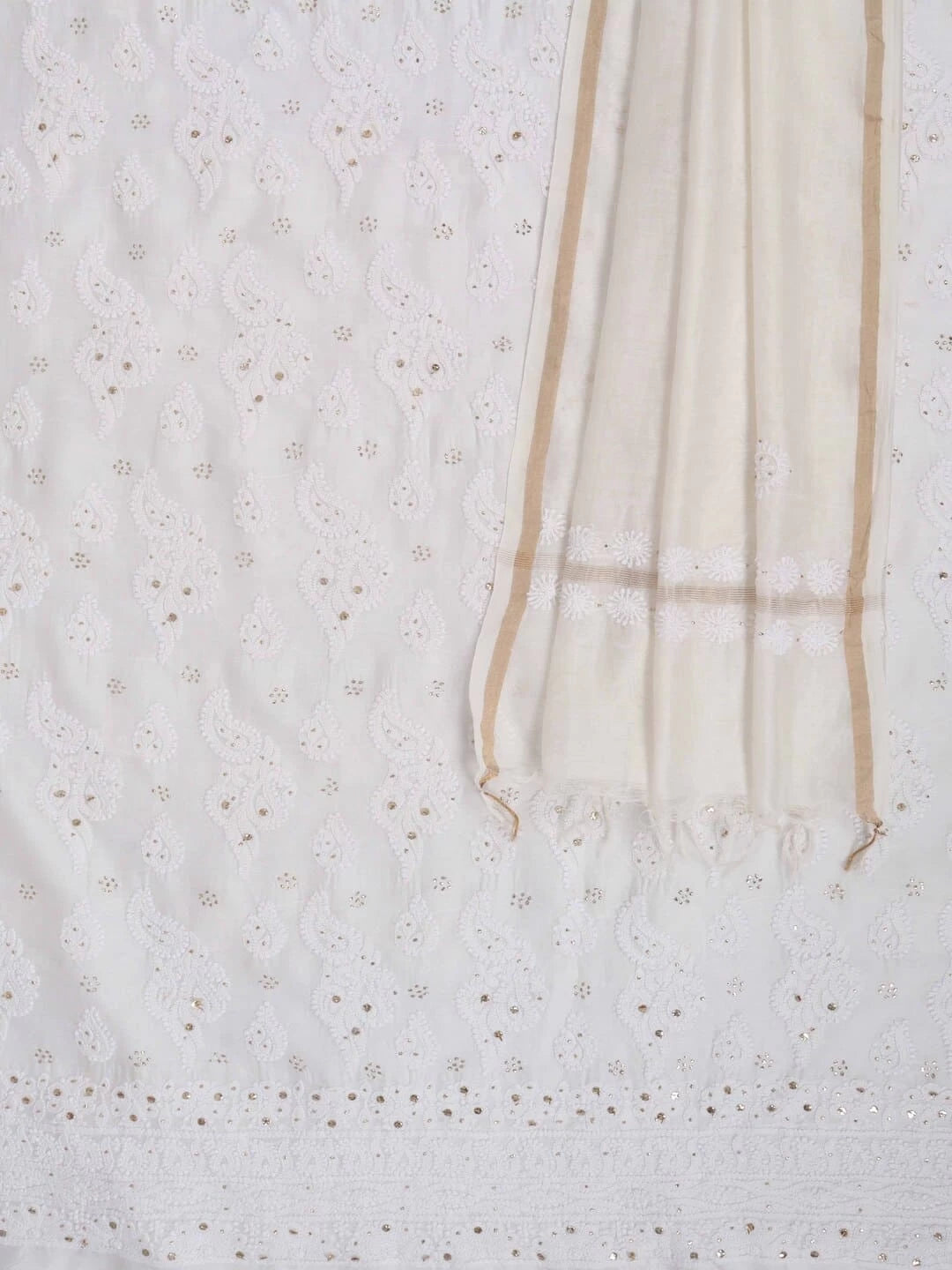 Ada Hand Embroidered White Chanderi Lucknowi Chikankari Unstitched Kurta Dupatta Set With Muqaish Work 01A118710