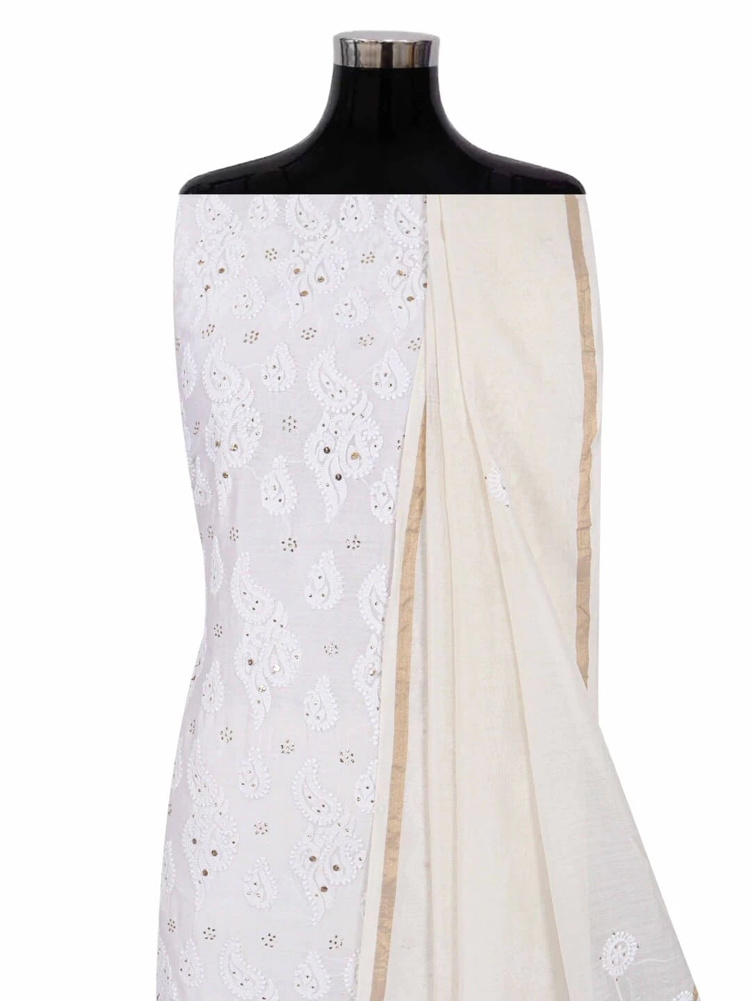 Ada Hand Embroidered White Chanderi Lucknowi Chikankari Unstitched Kurta Dupatta Set With Muqaish Work 01A118710