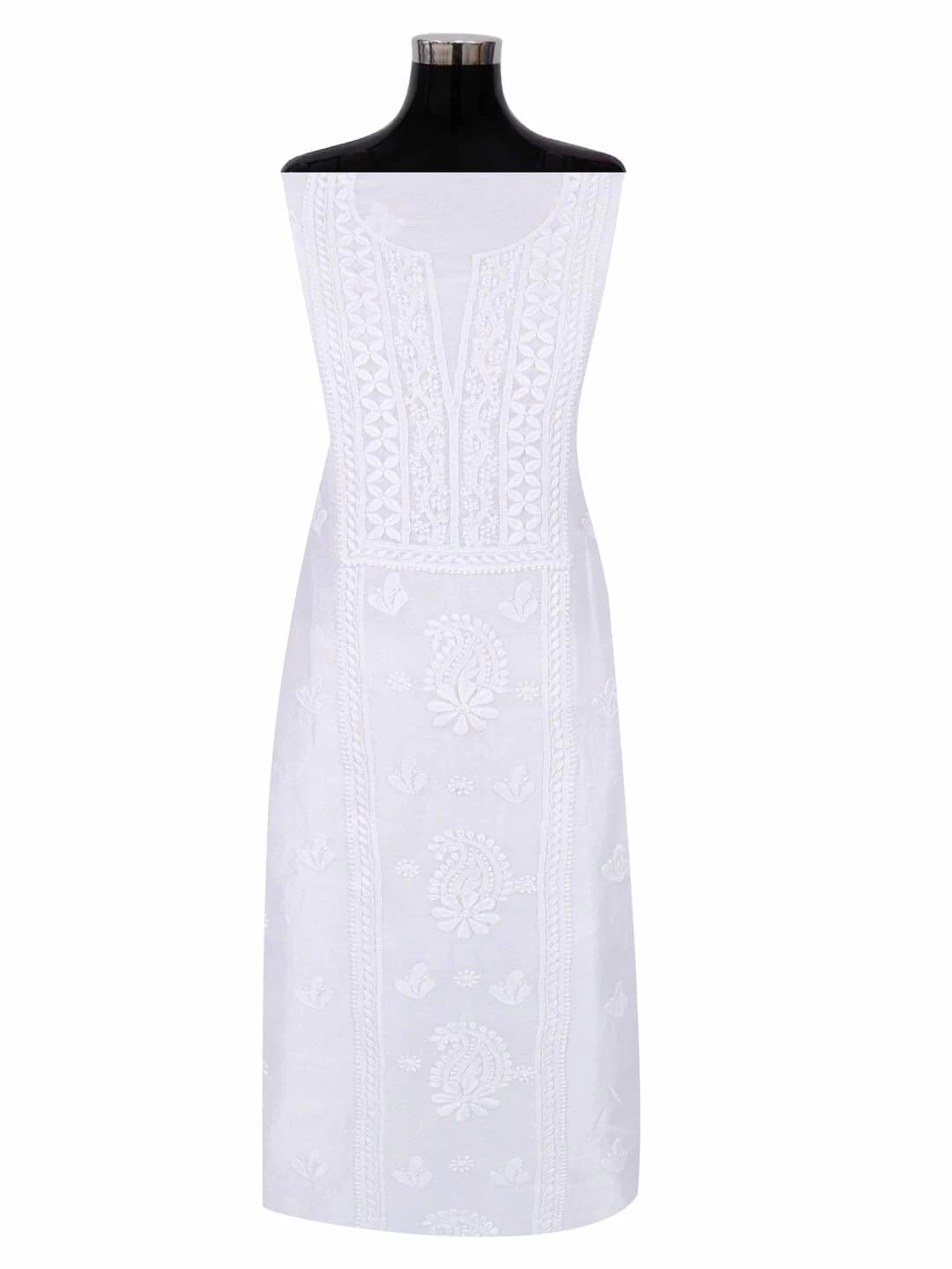 Ada Hand Embroidered White Chanderi Lucknowi Chikankari Unstitched Kurta Dupatta Set 01A219668