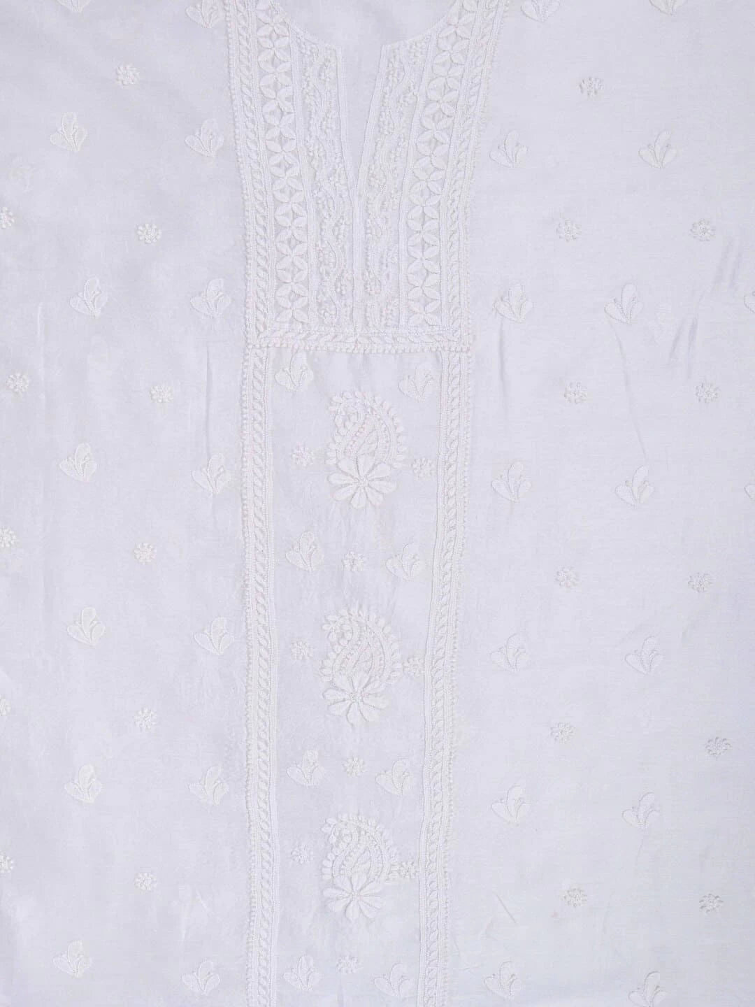 Ada Hand Embroidered White Chanderi Lucknowi Chikankari Unstitched Kurta Dupatta Set 01A219668