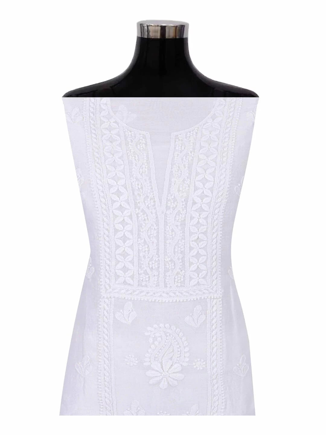 Ada Hand Embroidered White Chanderi Lucknowi Chikankari Unstitched Kurta Dupatta Set 01A219668