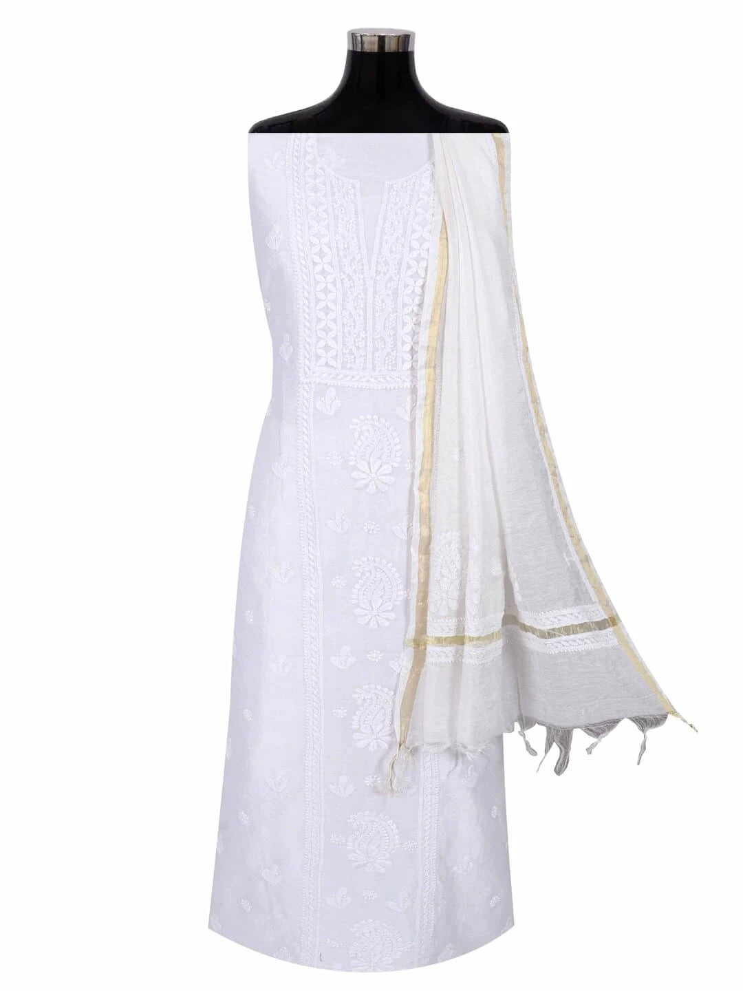 Ada Hand Embroidered White Chanderi Lucknowi Chikankari Unstitched Kurta Dupatta Set 01A219668