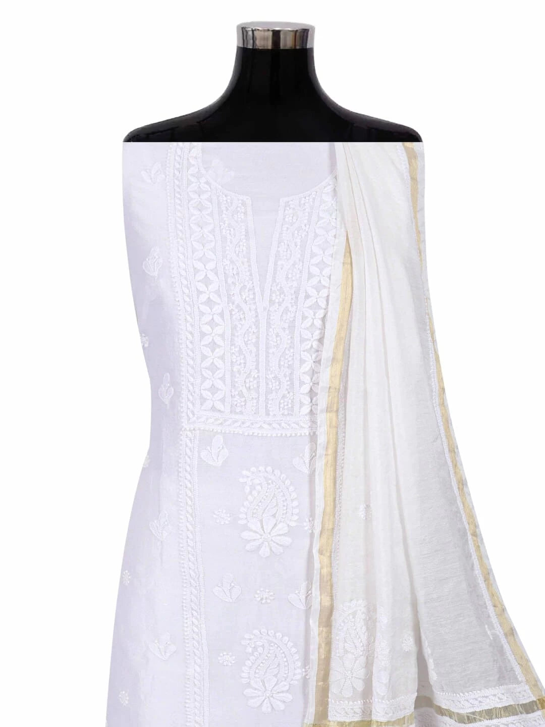 Ada Hand Embroidered White Chanderi Lucknowi Chikankari Unstitched Kurta Dupatta Set 01A219668