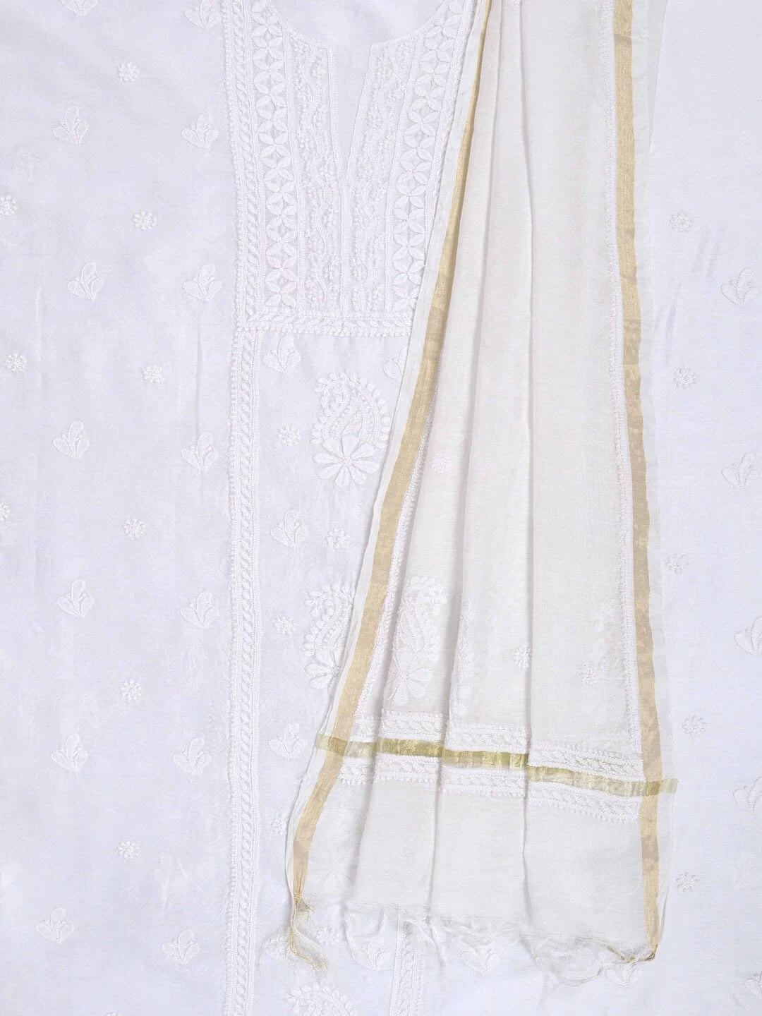 Ada Hand Embroidered White Chanderi Lucknowi Chikankari Unstitched Kurta Dupatta Set 01A219668