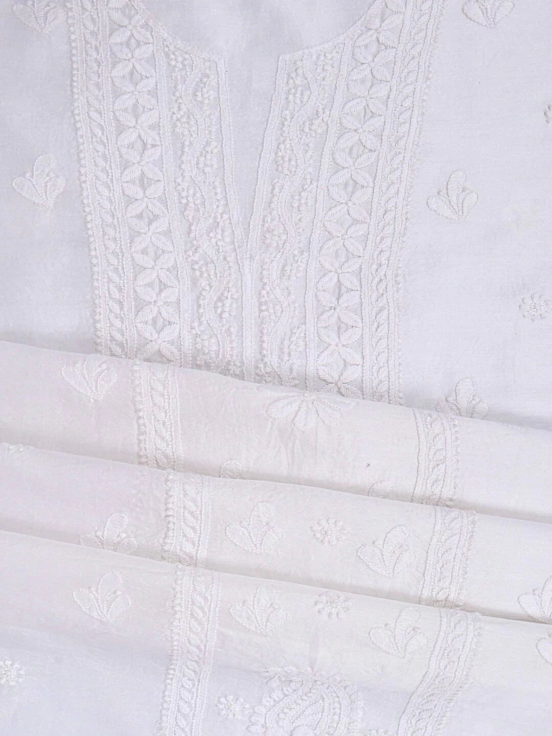 Ada Hand Embroidered White Chanderi Lucknowi Chikankari Unstitched Kurta Dupatta Set 01A219668