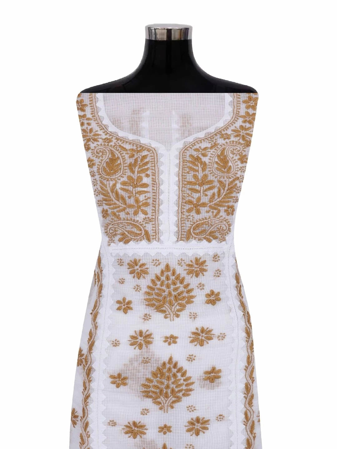 Ada Hand Embroidered White Kota Lucknowi Chikankari Unstitched Kurta Dupatta Set 01A213741