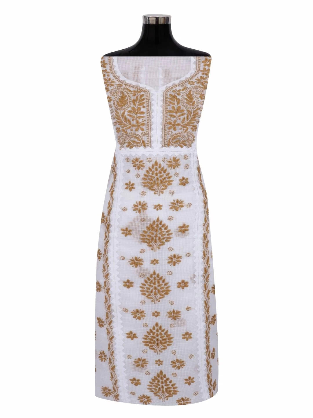 Ada Hand Embroidered White Kota Lucknowi Chikankari Unstitched Kurta Dupatta Set 01A213741