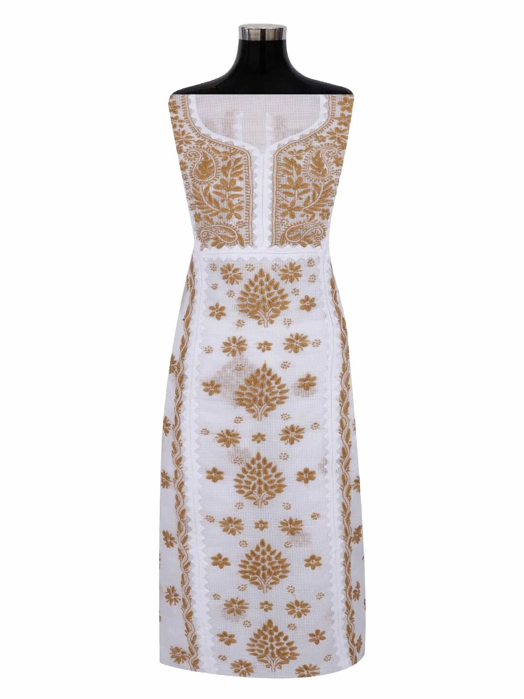 Ada Hand Embroidered White Kota Lucknowi Chikankari Unstitched Kurta Dupatta Set 01A213741