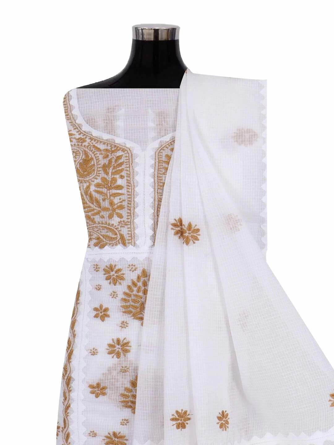 Ada Hand Embroidered White Kota Lucknowi Chikankari Unstitched Kurta Dupatta Set 01A213741