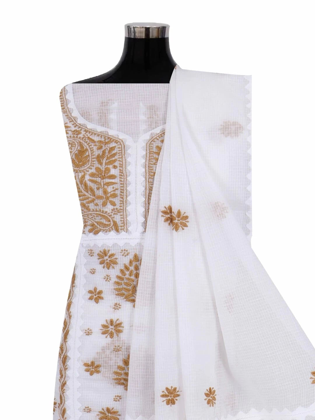 Ada Hand Embroidered White Kota Lucknowi Chikankari Unstitched Kurta Dupatta Set 01A213741